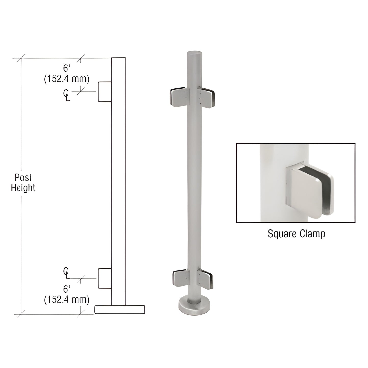 PS36ABS stainless steel 1.9" round glass-clamp post kit with base plate and square Z-clamps for 1/2" tempered glass