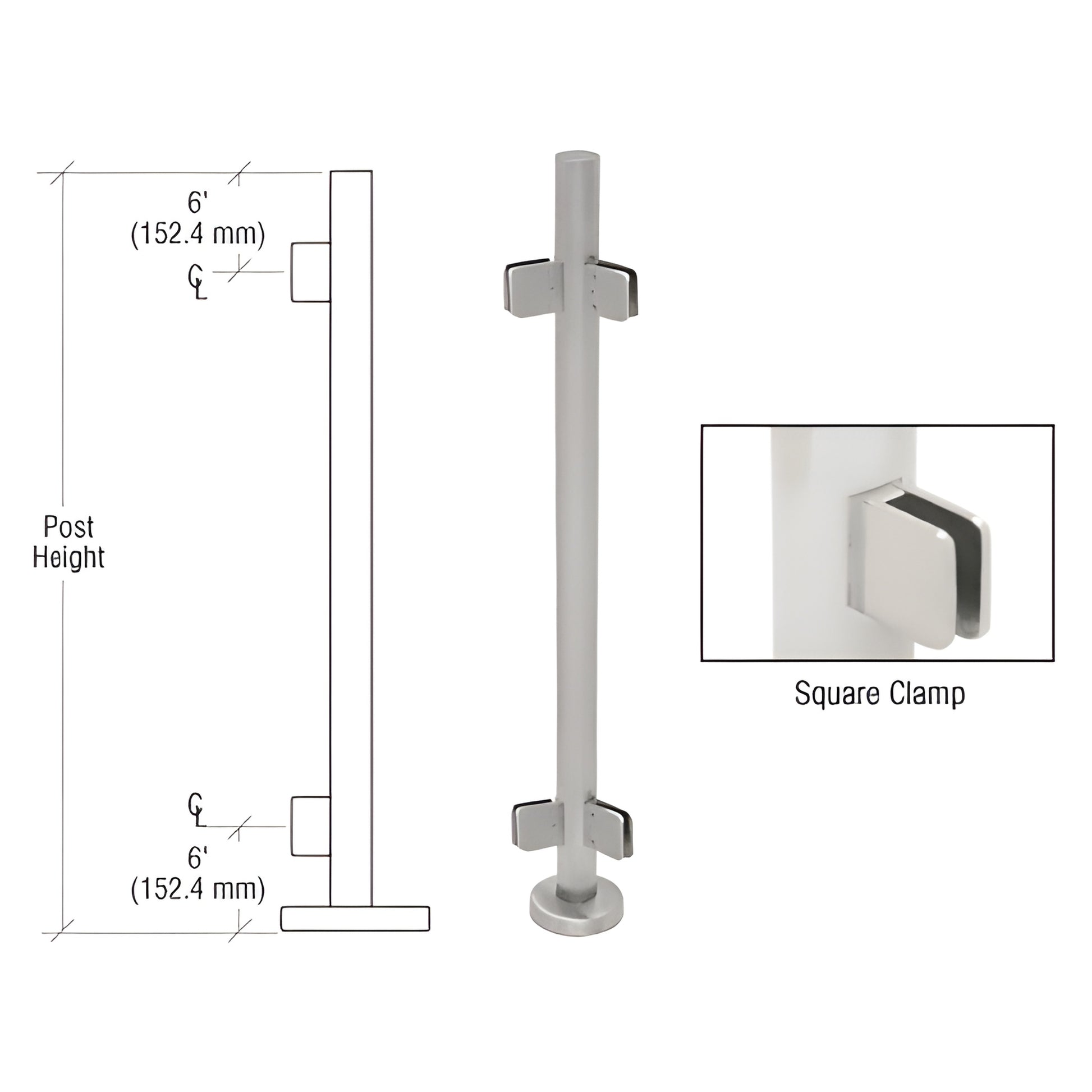 PS36ABS stainless steel 1.9" round glass-clamp post kit with base plate and square Z-clamps for 1/2" tempered glass