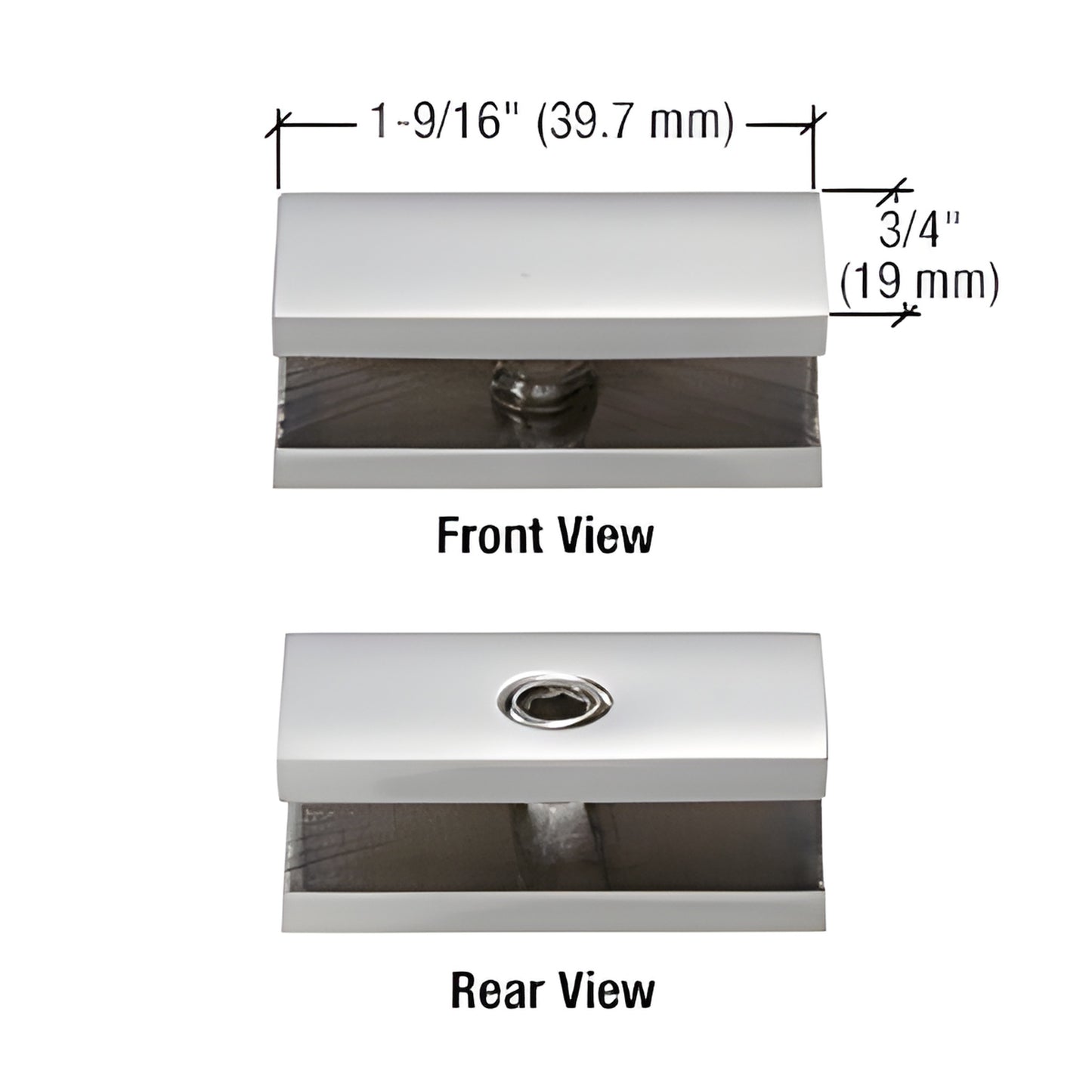 NDC6CH polished chrome solid brass no-drill fixed panel clamp for 1/4" (6mm) tempered glass, front and rear views.