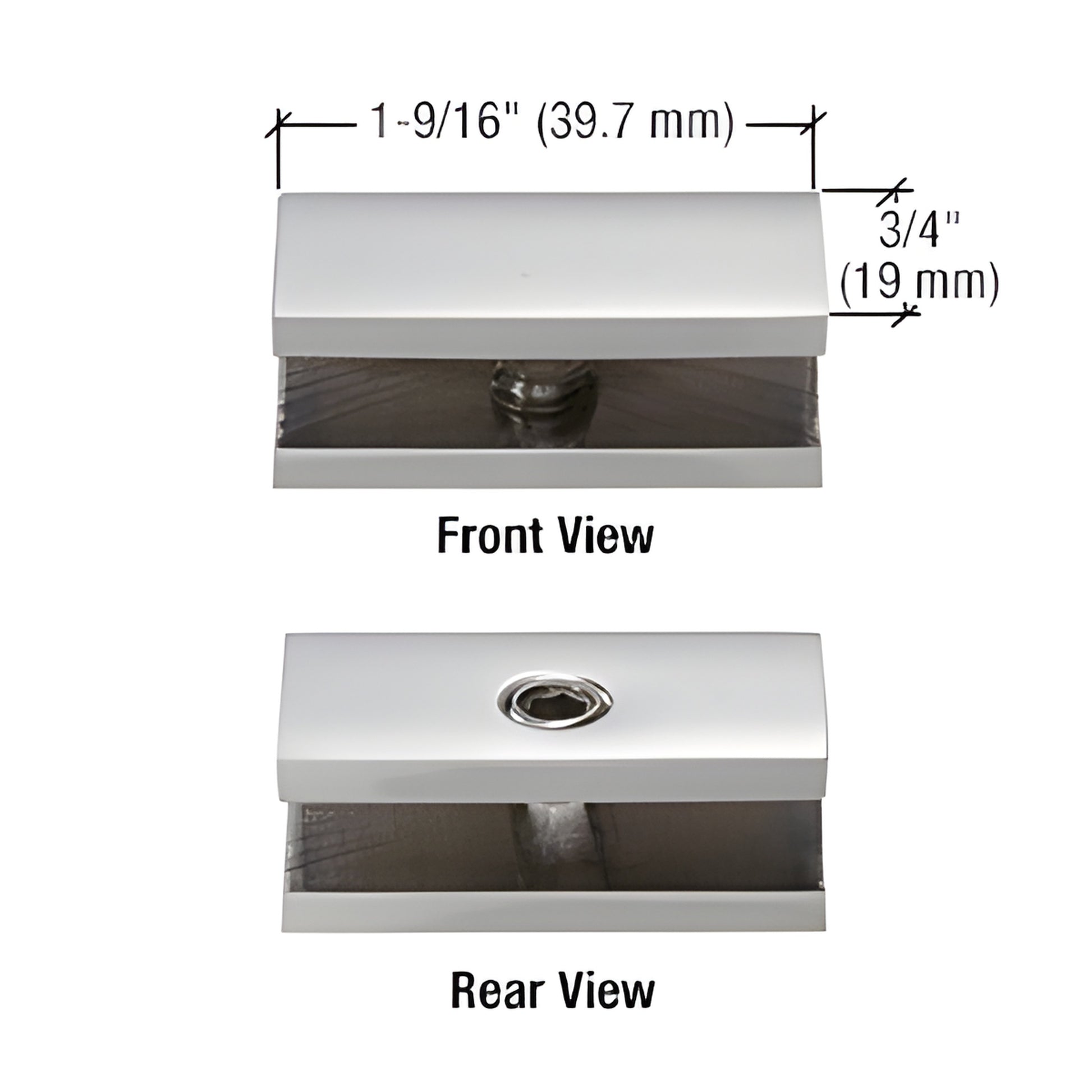 NDC6CH polished chrome solid brass no-drill fixed panel clamp for 1/4" (6mm) tempered glass, front and rear views.