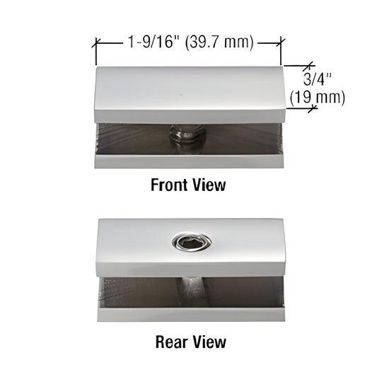 NDC6CH polished chrome solid brass no-drill fixed panel clamp for 1/4" (6mm) tempered glass, front and rear views.