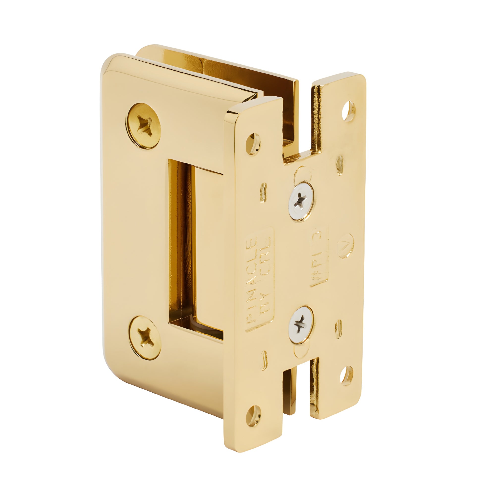 Ultra Brass Pinnacle shower hinge (P1N037UBR), solid brass H back plate, beveled edges, fits 8-12 mm tempered glass