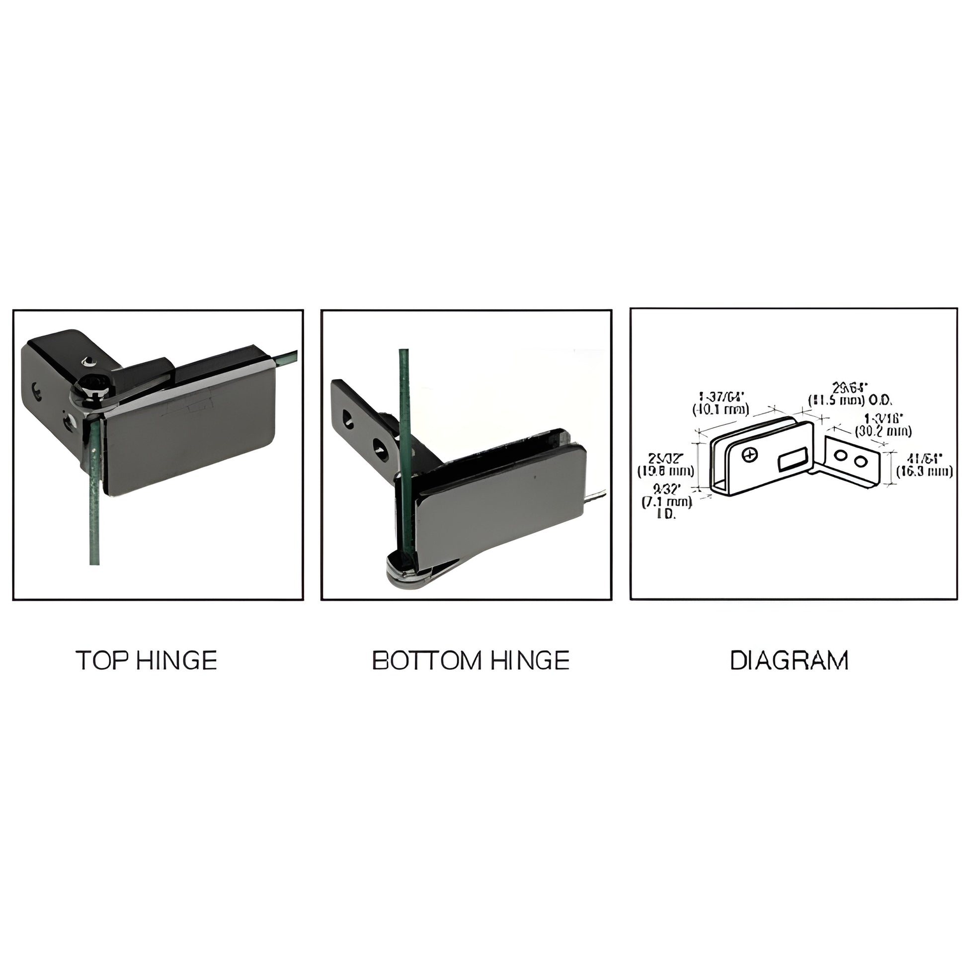 GDH96BL gloss black brass glass cabinet top and bottom hinges for 5-6mm tempered glass (pair)