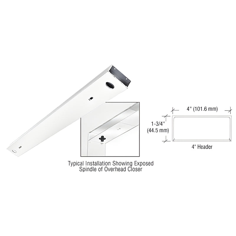 CRL double-door header DCH4SAD - 4" satin anodized, 72" long, 1-3/4" tall, snap-in cover plates with installation detail.