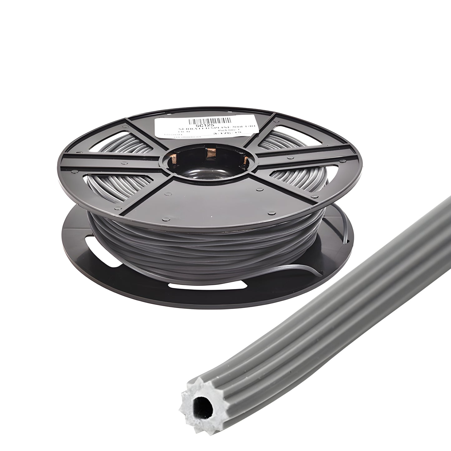 Gray hollow-core vinyl screen retainer spline on 500' black plastic spool (SKU 5C125) for window and door screens