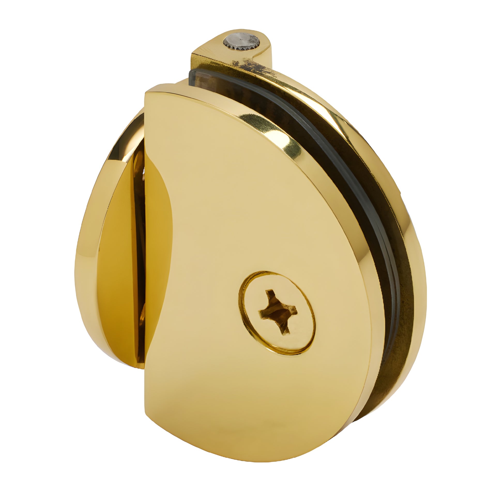 Polished brass half-round glass hinge (EH186) for 1/4 to 5/16" tempered shower glass, wall-mount offset back plate.