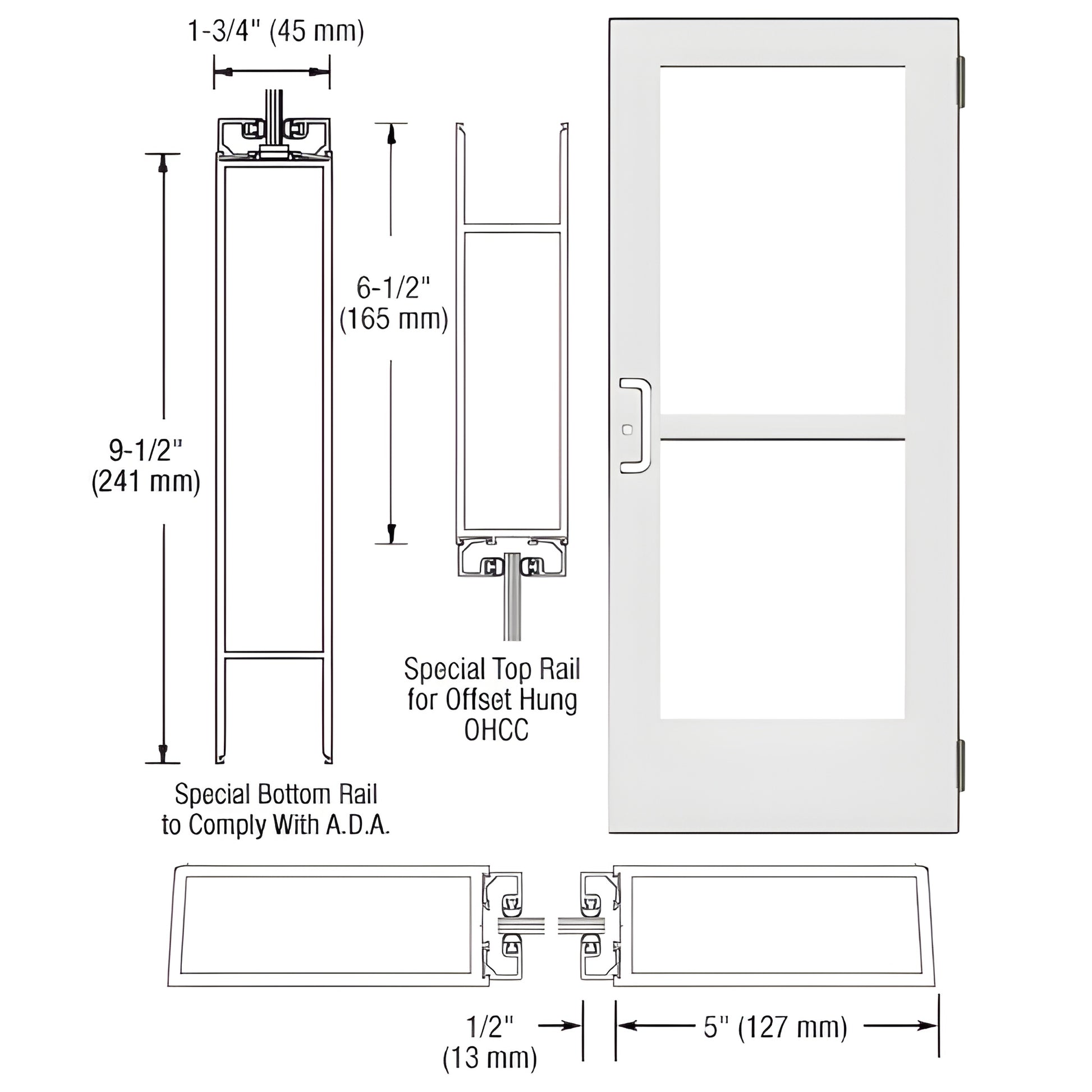 White wide-stile commercial entrance door (SKU CZ51452) with 5" stiles, 9-1/2" ADA bottom rail and hardware prep.