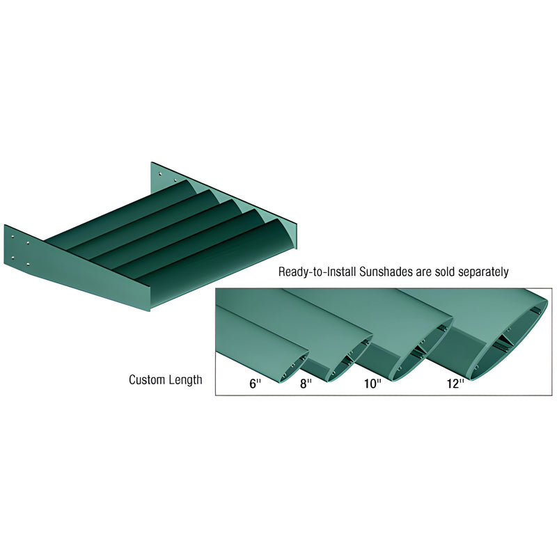 Green airfoil louver blades AX012KNC shown in 6", 8", 10", 12" widths for sunshades; powder, KYNAR, clear or bronze anodized.