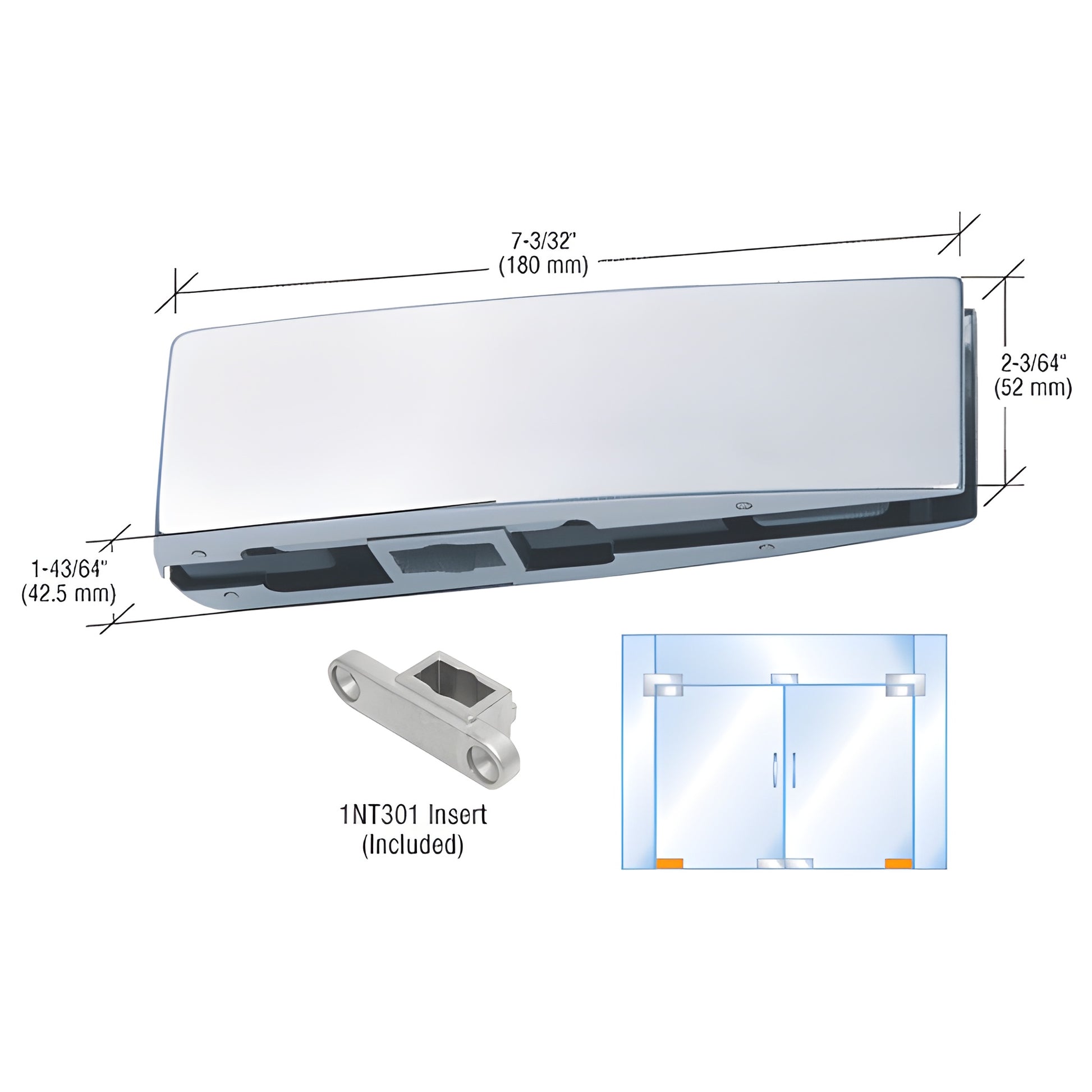 Curved bottom door patch fitting, brushed stainless steel (CPF10CBS), for 3/8-1/2" glass; includes 1NT301 insert.