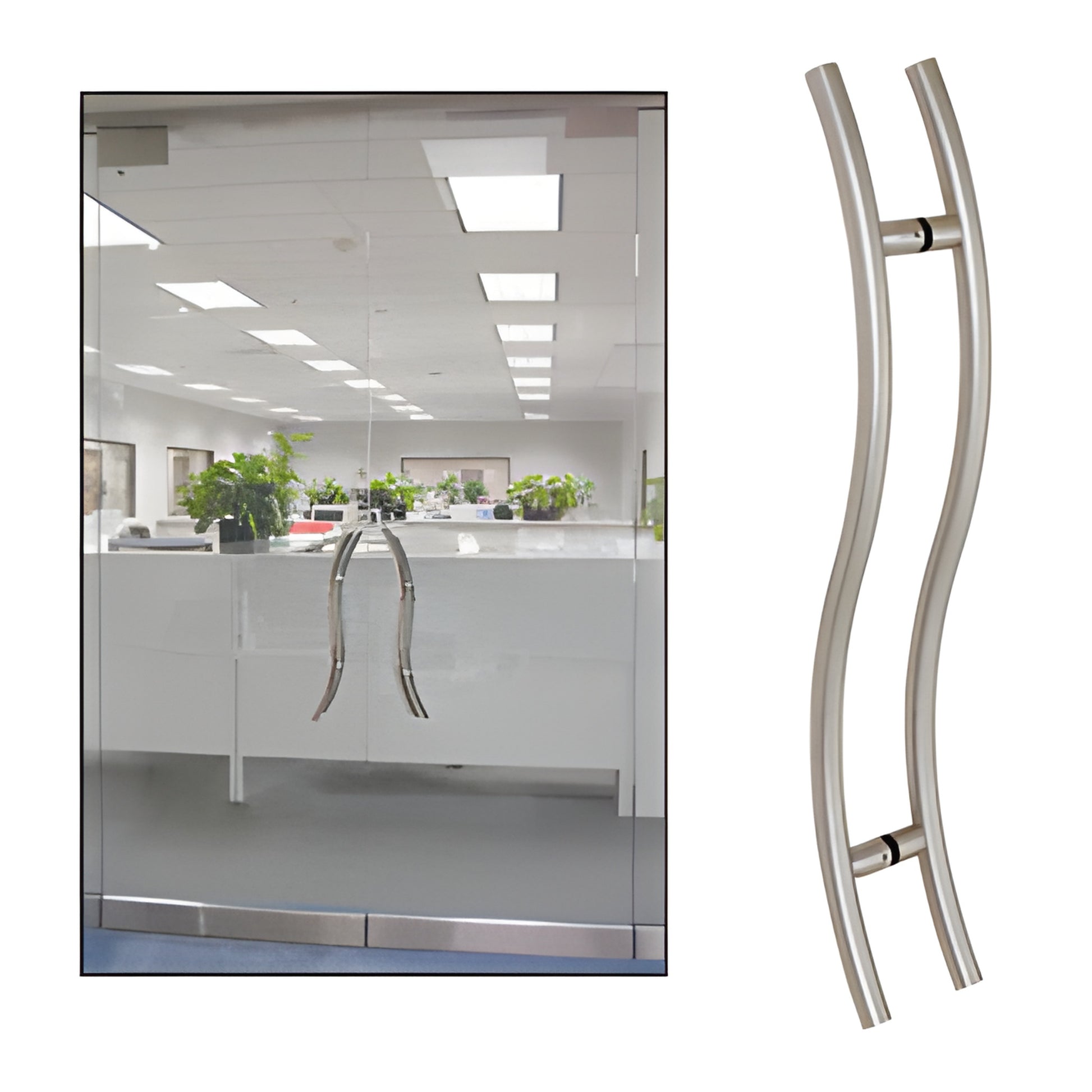 S-style 36 in brushed stainless ladder pull for 3/8-3/4 in tempered glass (SKU 36SRPBS), back-to-back mount