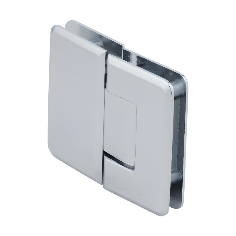 P1N580CH Pinnacle polished chrome brass frameless glass-to-glass shower hinge, beveled edges, self-centering pivot.