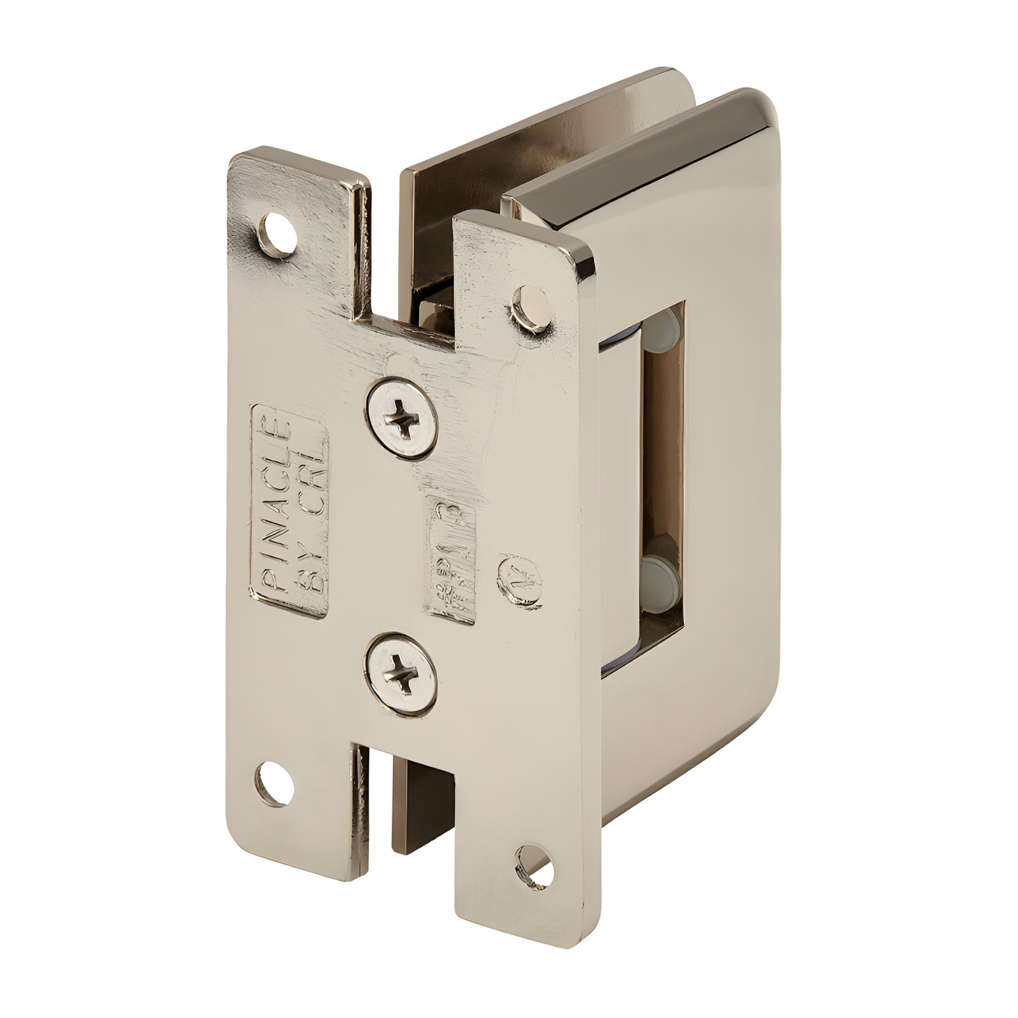 P1N337PN Polished nickel brass adjustable Pinnacle shower door hinge, H back plate, fits 8-12mm glass.