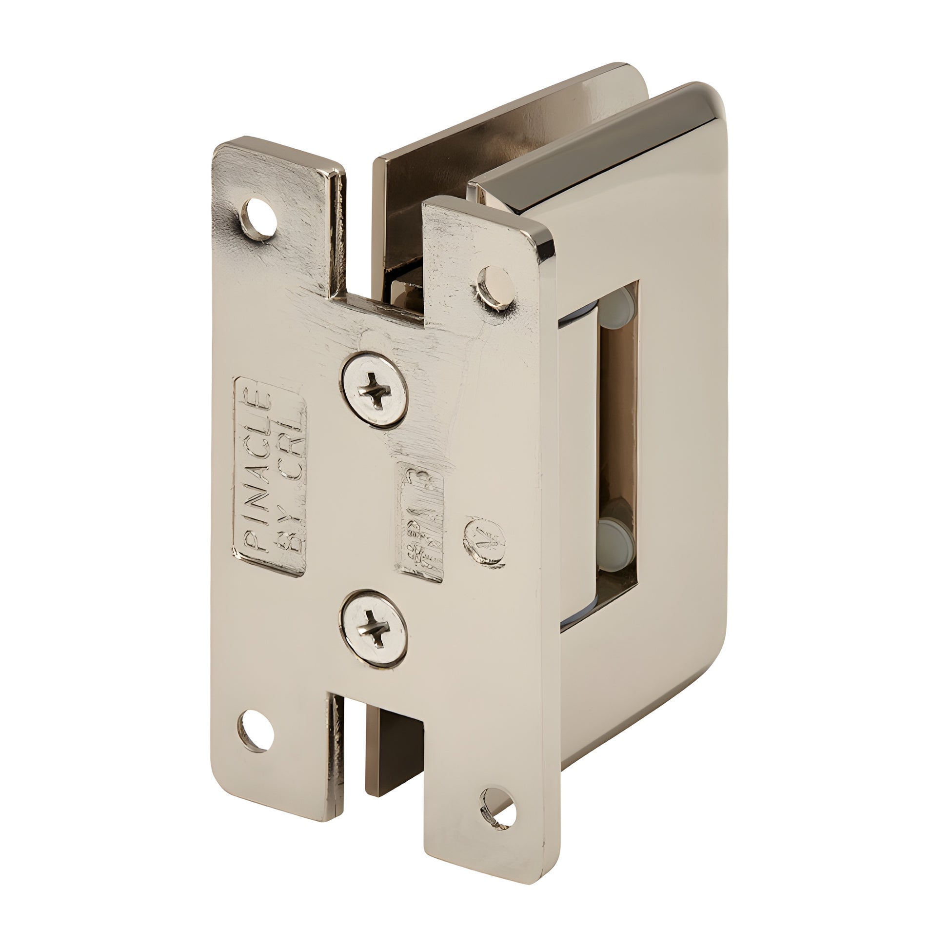 P1N337PN Polished nickel brass adjustable Pinnacle shower door hinge, H back plate, fits 8-12mm glass.