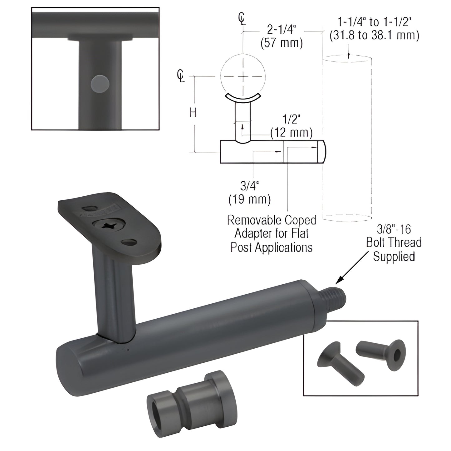 Matte black CRL Malibu post-mounted handrail bracket (SKU HR3EPMBL) with adapter and screws, fits 1.5-2" tubing.