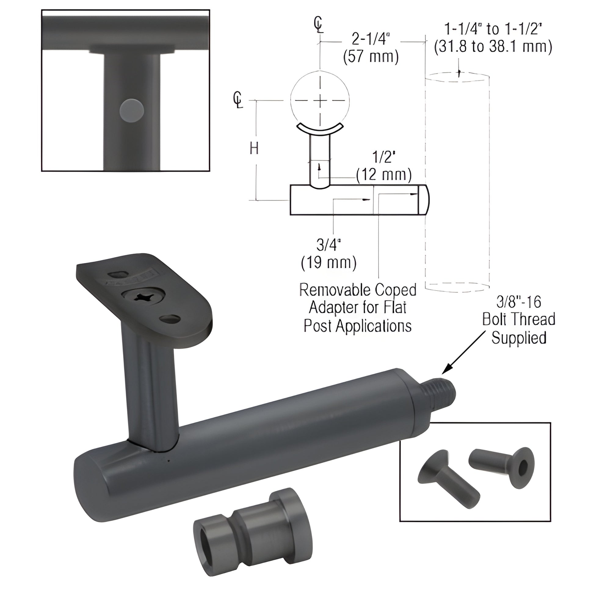 Matte black CRL Malibu post-mounted handrail bracket (SKU HR3EPMBL) with adapter and screws, fits 1.5-2" tubing.