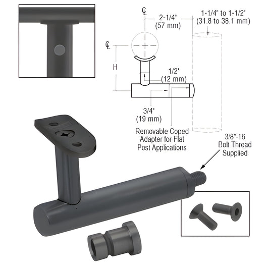 Matte black CRL Malibu post-mounted handrail bracket (SKU HR3EPMBL) with adapter and screws, fits 1.5-2" tubing.
