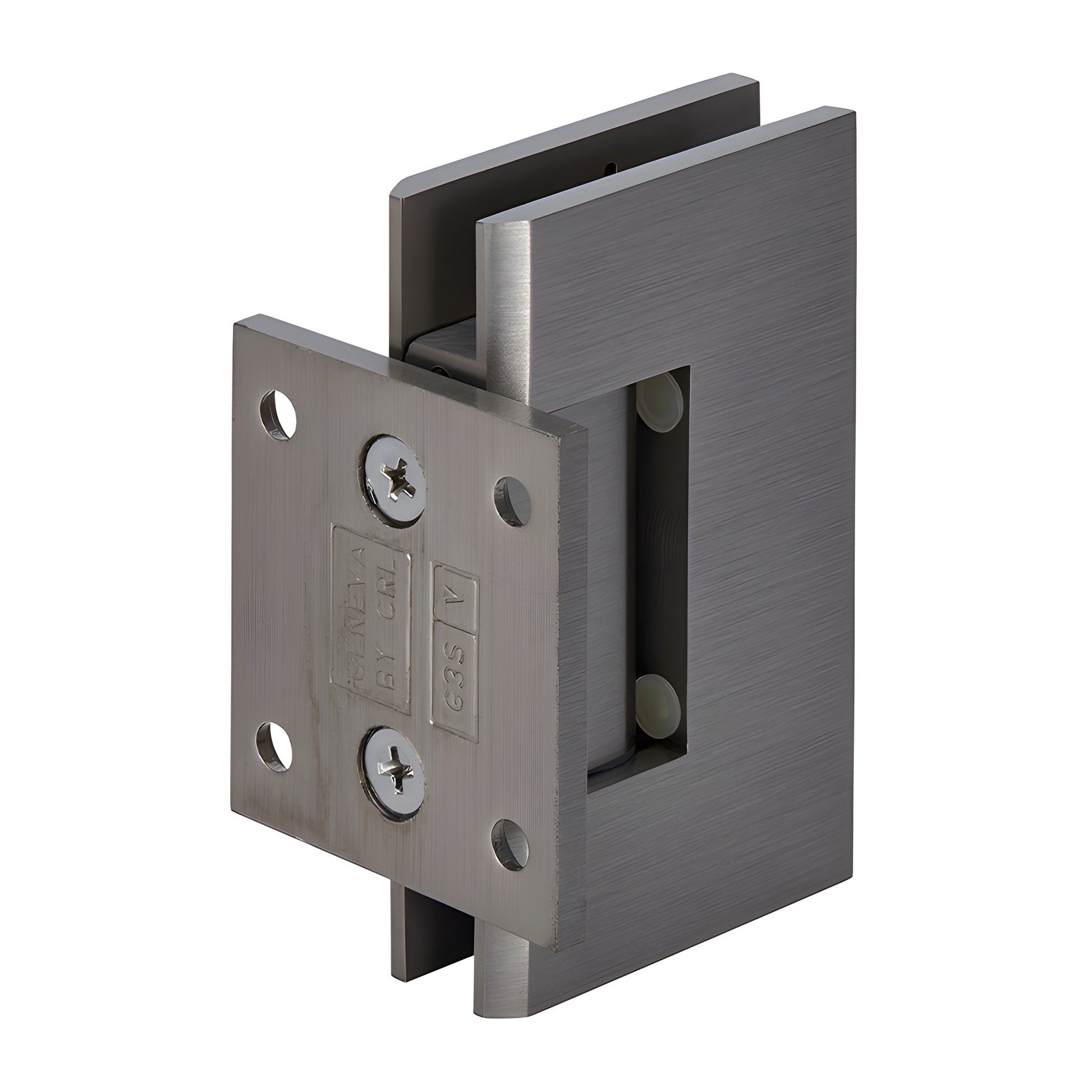 Brushed nickel Geneva shower door hinge (GEN574BN), solid brass wall-mount for 8-12mm glass, self-centering, 5 pivot.