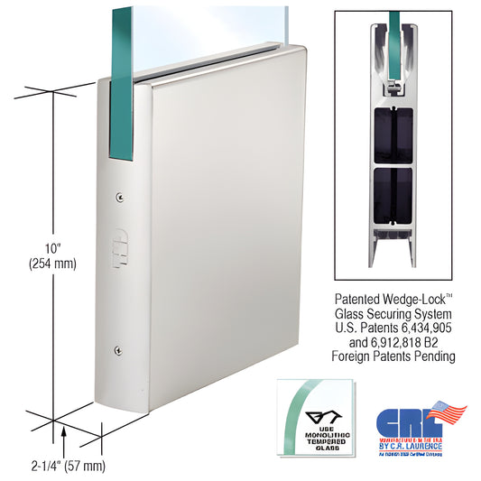 Satin anodized aluminum 10 in. square bottom door rail, 2-1/4 in. wide for 3/4 in. glass - Wedge Lock system (SKU DR10SSA34C)
