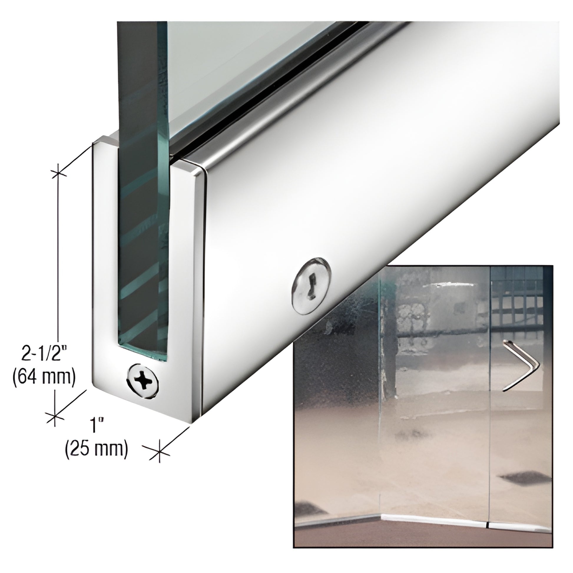 SP64PS12SR polished stainless slender 1in x 2-1/2in door rail for 1/2in glass with cam lock on glass door