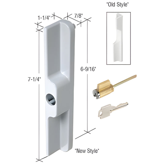 White diecast CRL outside pull (SKU C1254) with keyed cylinder and key, 7-1/4" long, fits C1221 handle.