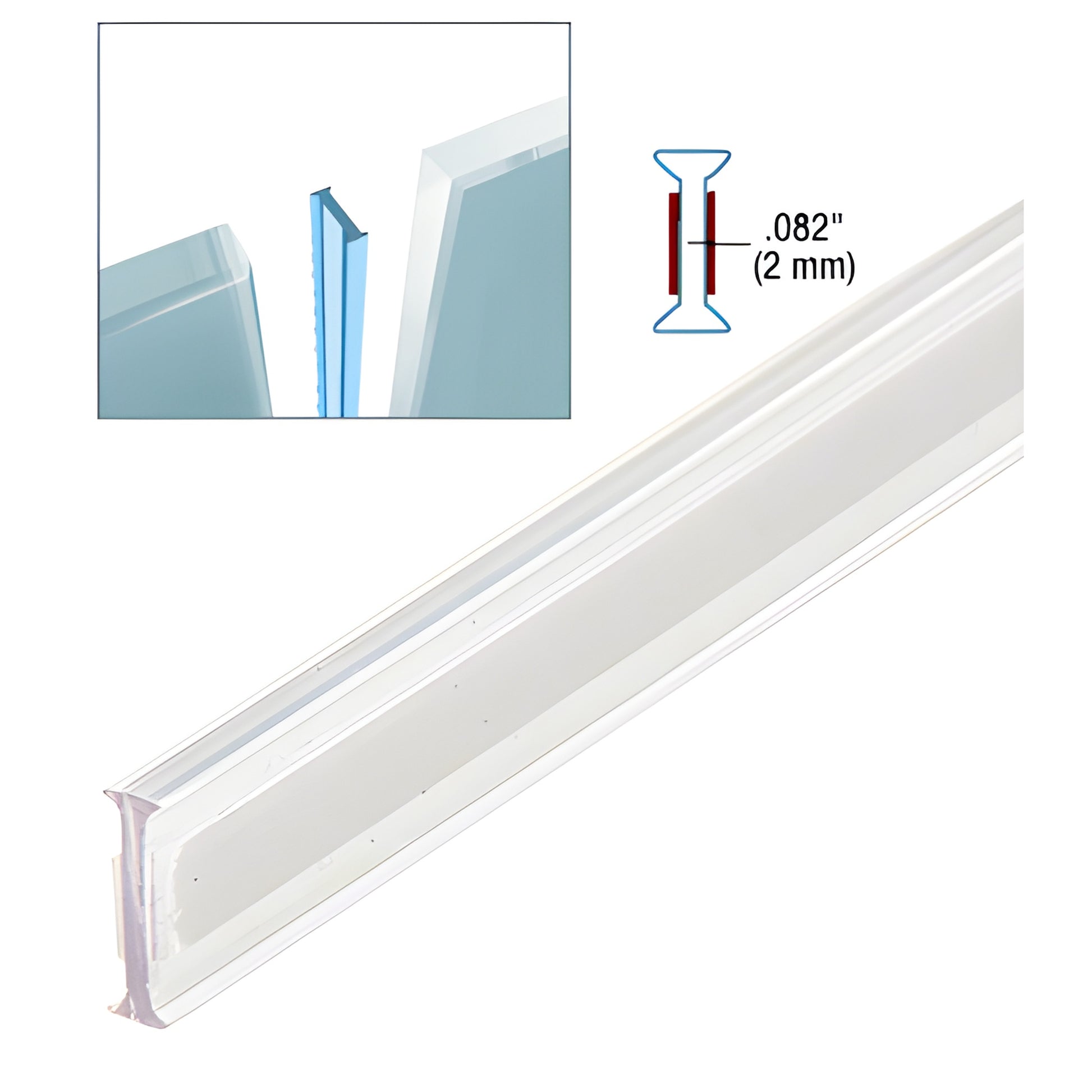 Clear copolymer 120 in frameless glass joint strip with pre-applied tape, 3/4 in glazing, SKU EZCC19