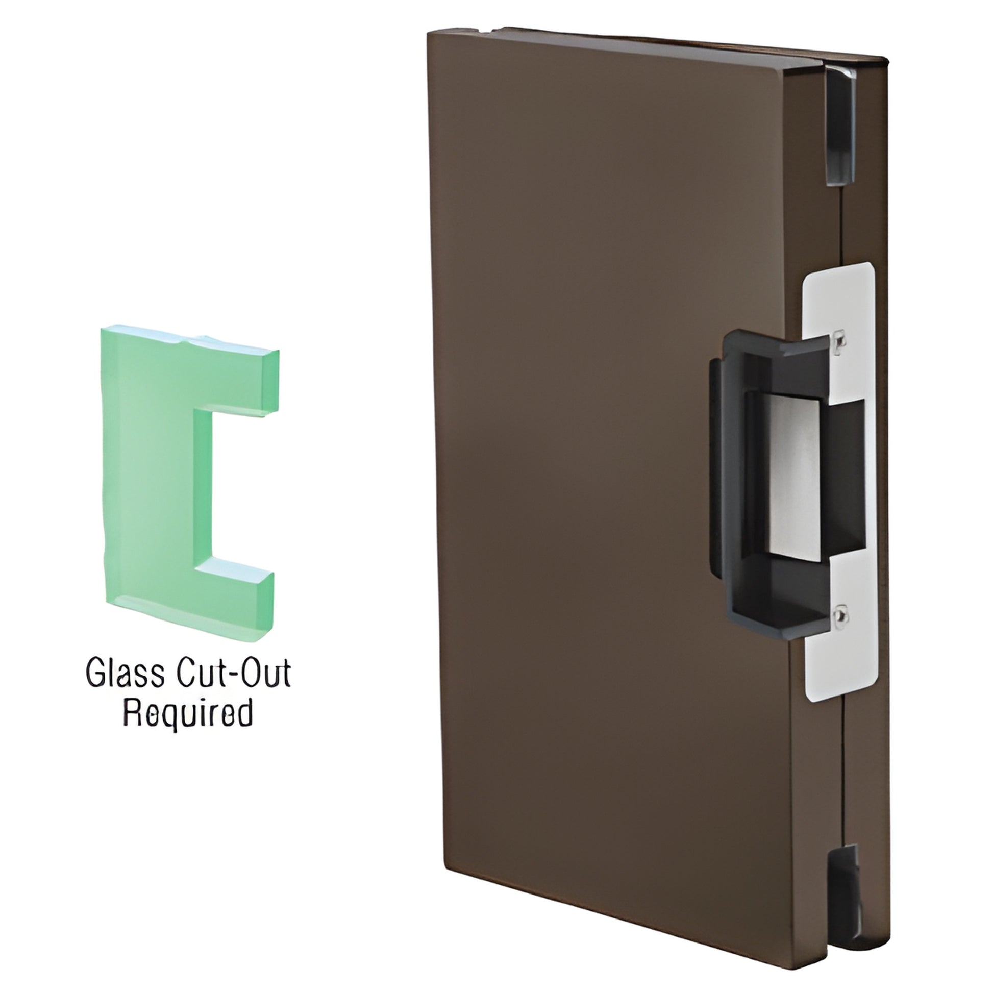 Dark bronze 6x10 center-lock glass keeper with deadlatch strike, fits 1/2" tempered glass (SKU DLEL610DU)