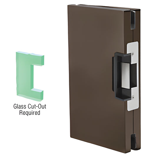 Dark bronze 6x10 center-lock glass keeper with deadlatch strike, fits 1/2" tempered glass (SKU DLEL610DU)