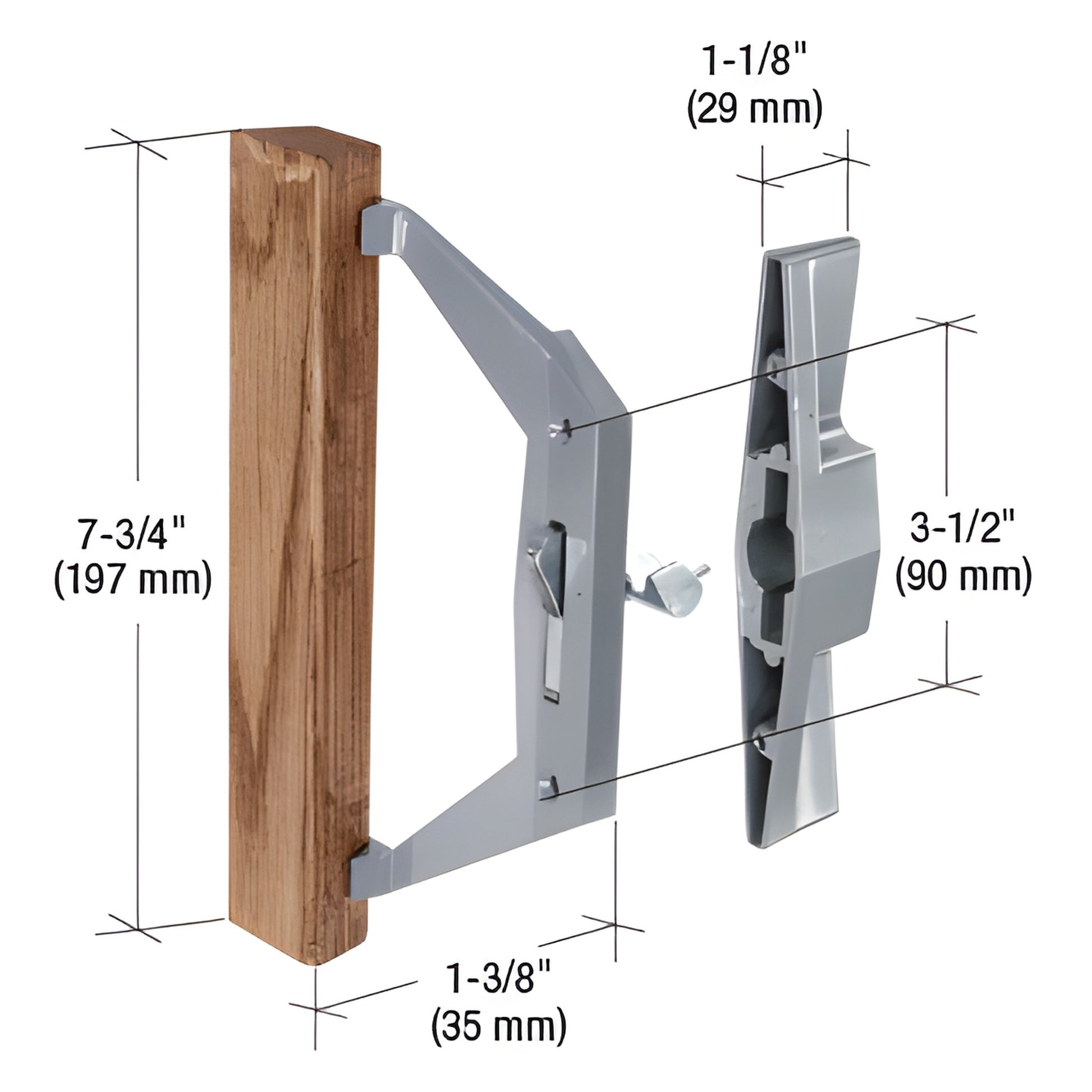 CRL C1025 gray aluminum exterior pull with 7-3/4" wood interior handle, surface-mount glass door handle set, dimensions shown