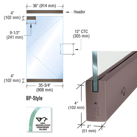 BP4DU12SEL frameless dry-glaze BP-style glass door kit - aluminum rails, black/bronze anodized, fits 12 mm tempered glass, 35