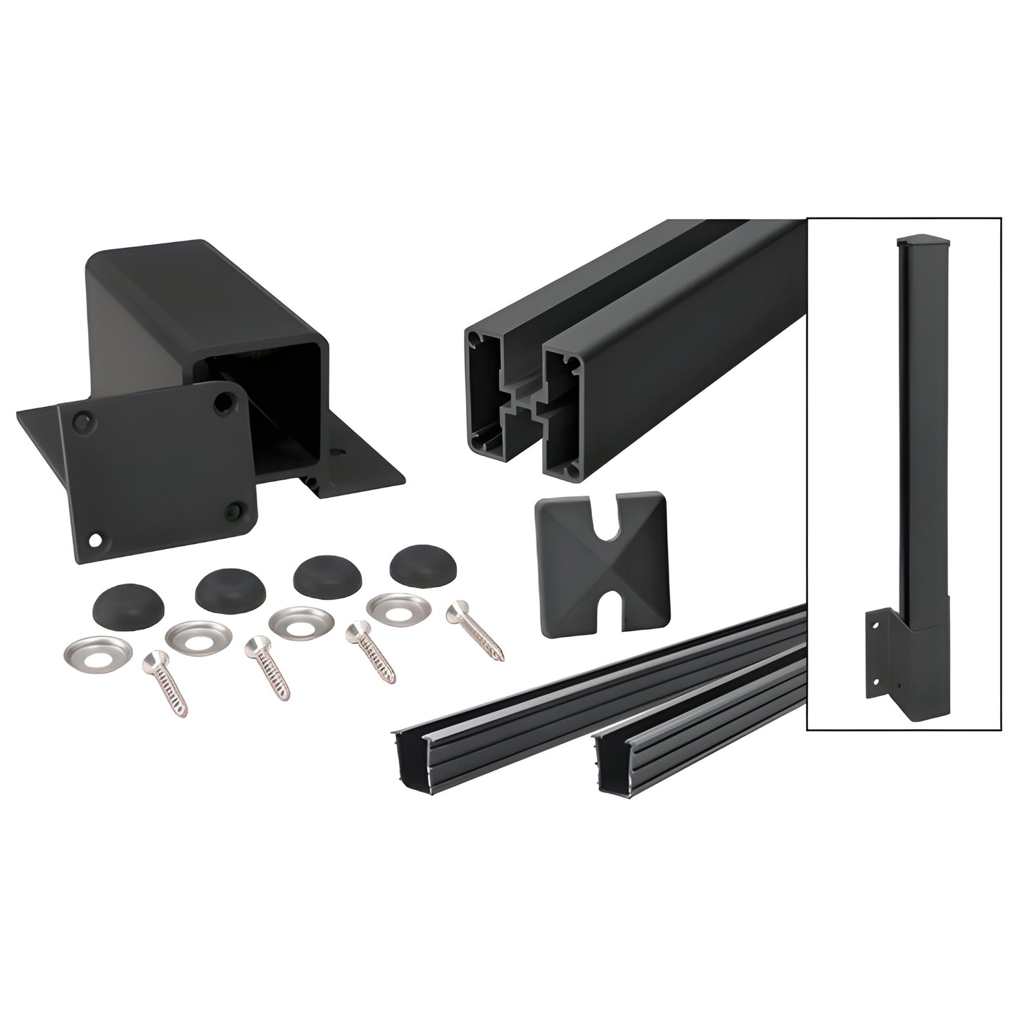 Matte black aluminum 1100 Series center fascia mount post kit (FP1H42CKBL) with post, brackets, caps, screws.