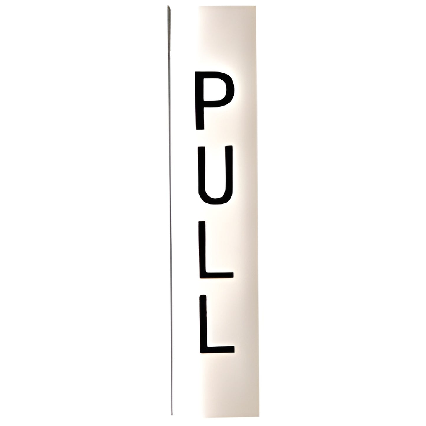 Polished stainless steel 4-1/2 in 1 in push-pull door indicator, etched "PULL" letters, pressure-sensitive adhesive back.