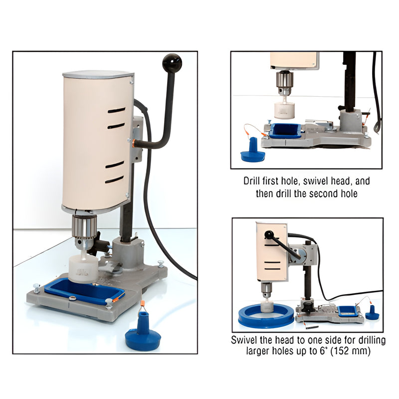 CRL SDM4 swivel glass drilling machine with suction-cup coolant base, 110V 1000RPM motor, drills up to 6" holes.