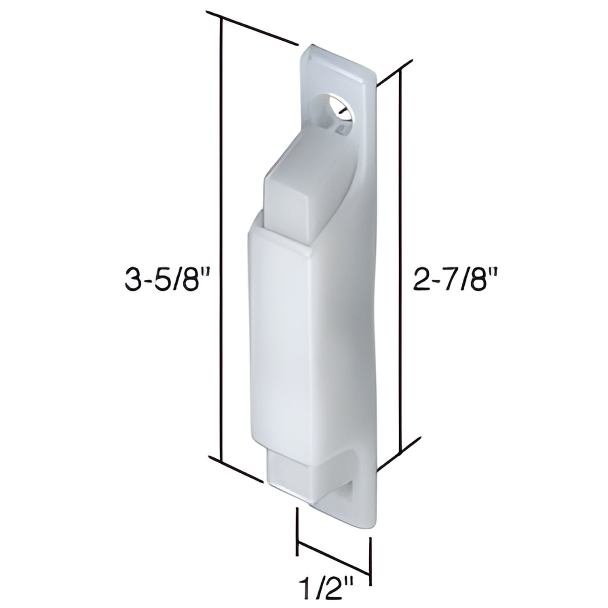 White plastic CRL sash latch/pull SKU F2504 with steel latch; 3-5/8 1/2 in, 2-7/8 in mounting hole spacing.