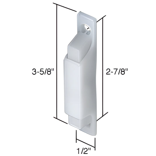White plastic CRL sash latch/pull SKU F2504 with steel latch; 3-5/8 1/2 in, 2-7/8 in mounting hole spacing.