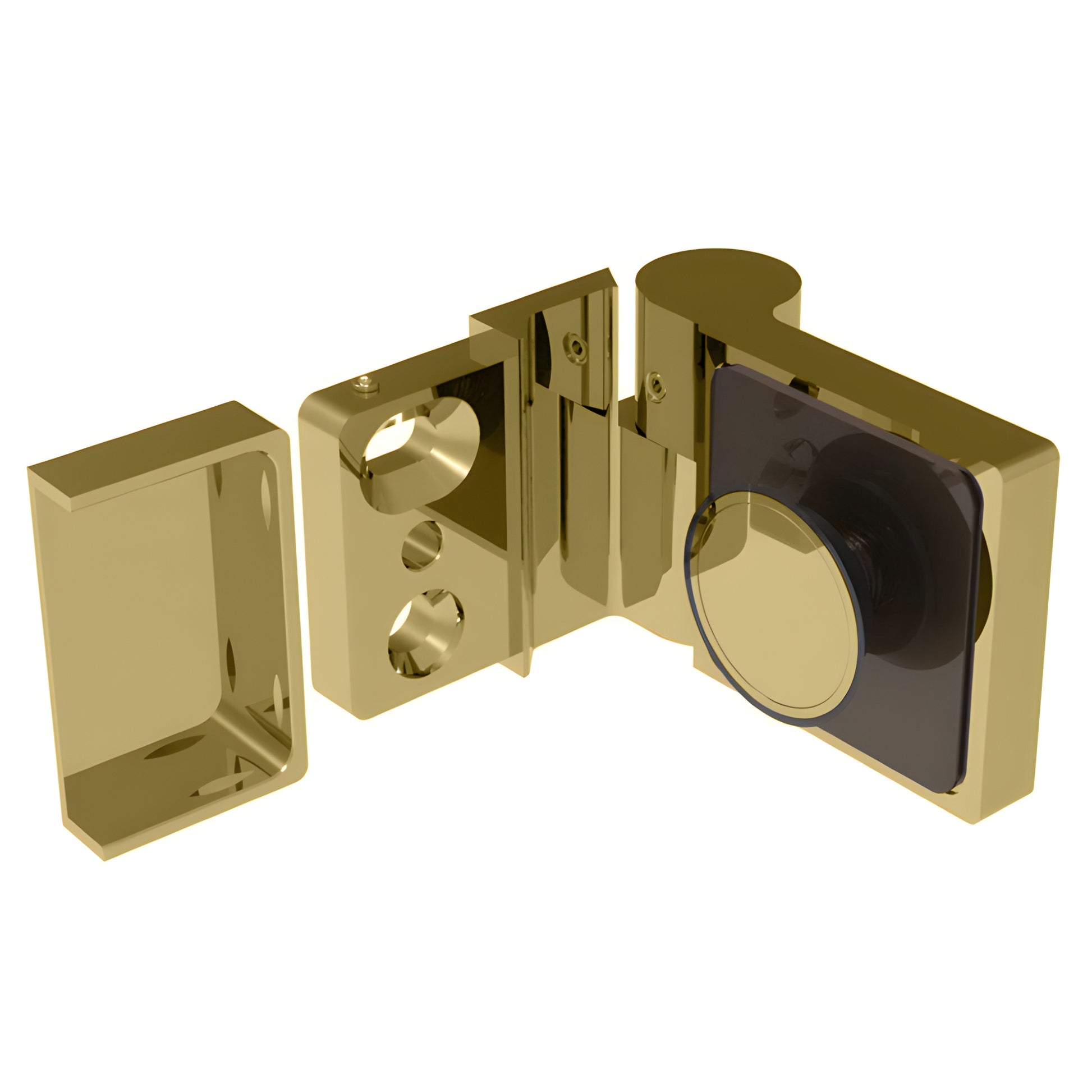 Satin brass Lugano glass shower door hinge (LUG044RSB), concealed modern left-hand hinge for 8-10mm frameless glass.