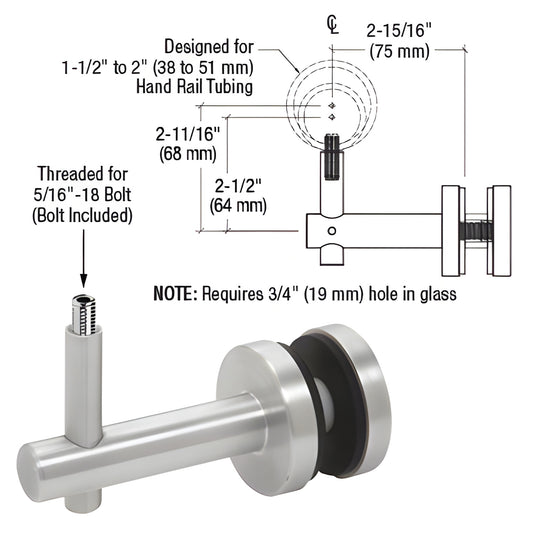 HR2FGMA mill aluminum glass-mounted handrail bracket, 2-way adjustable, fits 1.5-2" tubing, requires 3/4" (19mm) glass hole.