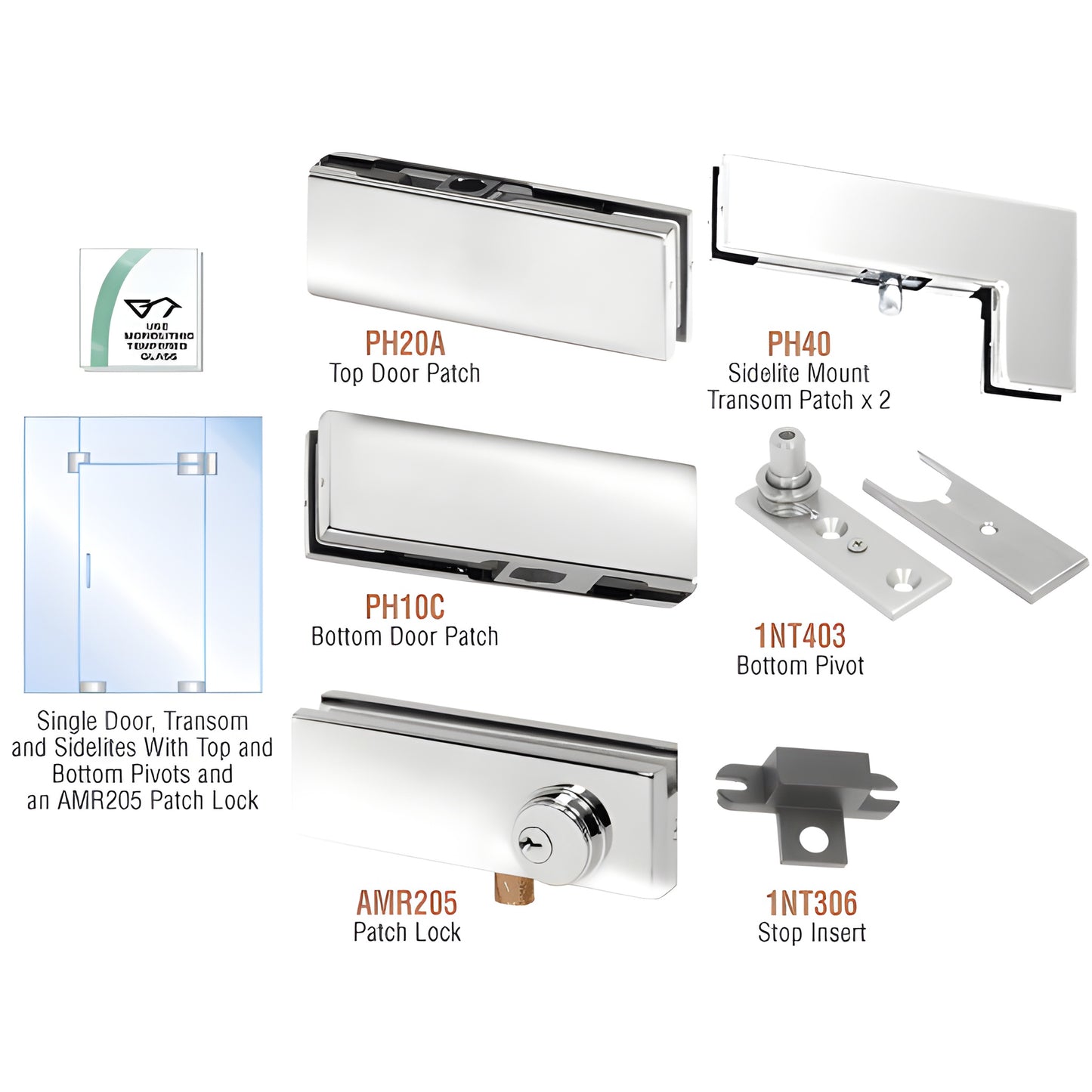 PHA5LPS polished stainless steel patch hardware kit for tempered glass door with transom and sidelites - patches, pivot, lock