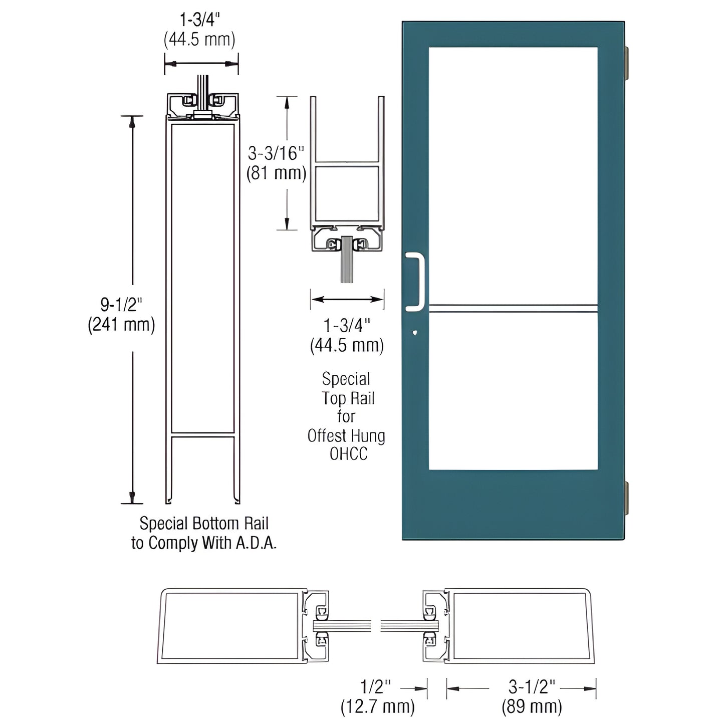 CD41471 custom medium-stile entrance door in teal Kynar with 1/4" glass, ADA 91 2" bottom rail and push/pull hardware.