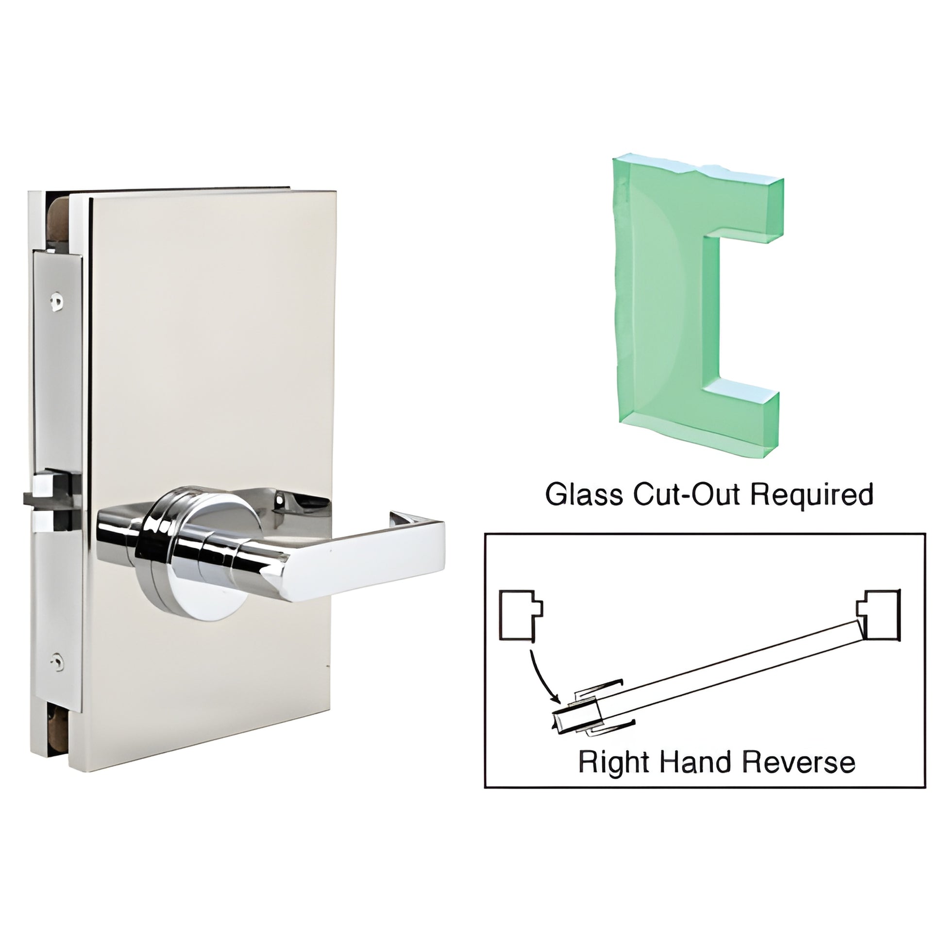DL611RPPS polished stainless center lock for 1/2 tempered glass doors, 6 10, right-hand reverse
