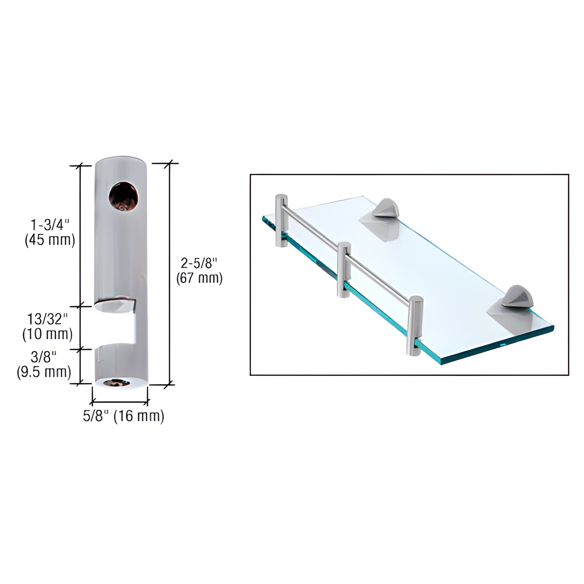 Brushed nickel glass shelf rods & supports SKU RDB3BN, dimensional diagram left and installed on tempered glass shelf right