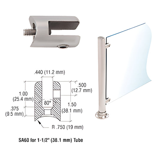 SA60BS brushed stainless fixed glass fitting for 1"-11 2" round tubing; secures 6-10mm tempered glass panels.