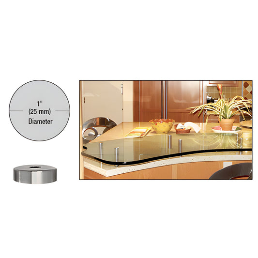 1" brushed 316 stainless standoff (1" dia, 1/4-20 thread) mounted on glass display - SKU S0B1014BS