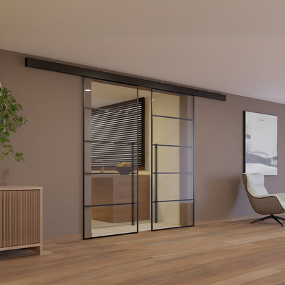 CRL50S2MBL matte-black top track for synchronized bi-parting tempered glass doors with two sliding panels.