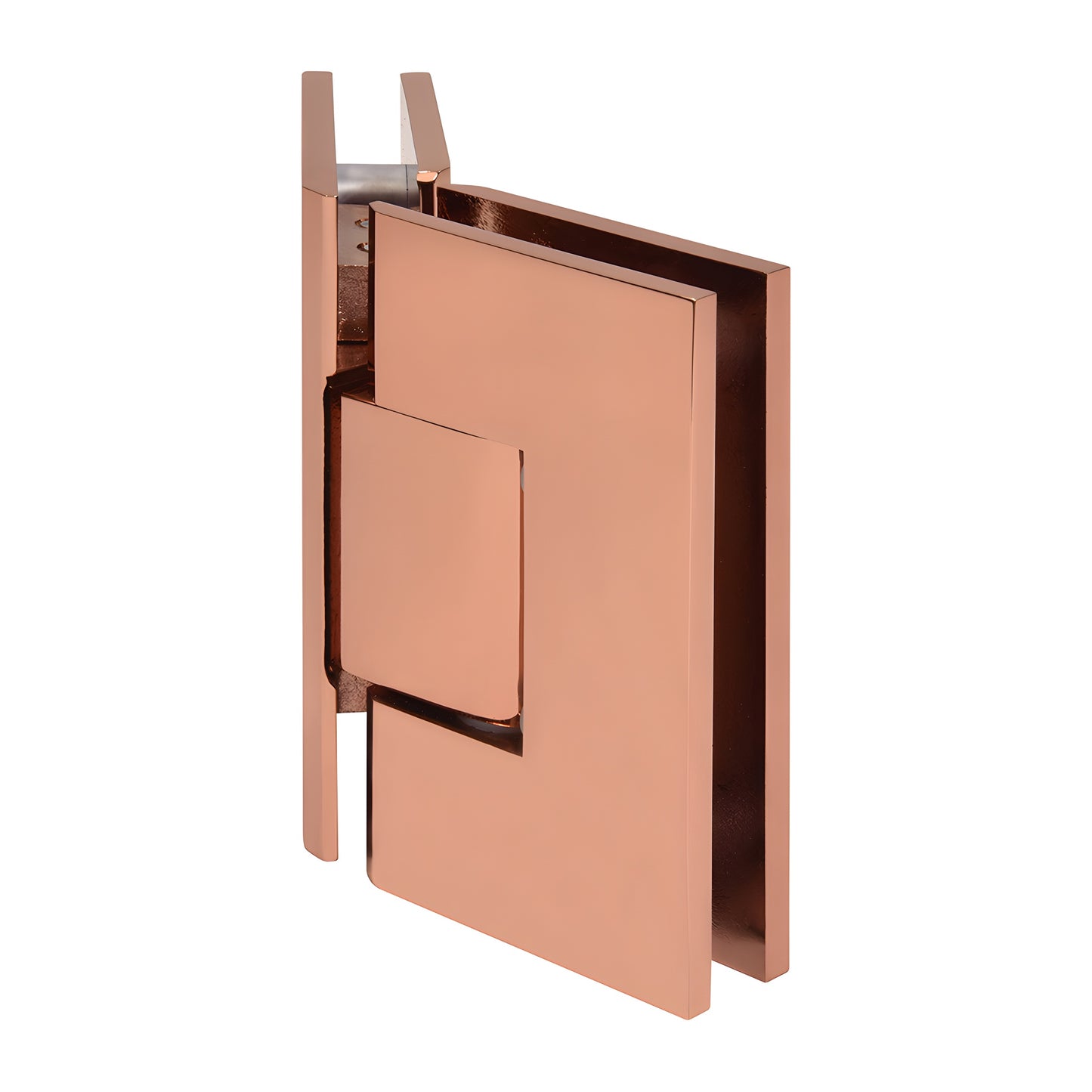 Rose gold brass glass-to-glass shower hinge (SKU V1E045RG), square-edge 135 pivot, fits 3/8-1/2 (10-12mm) glass.