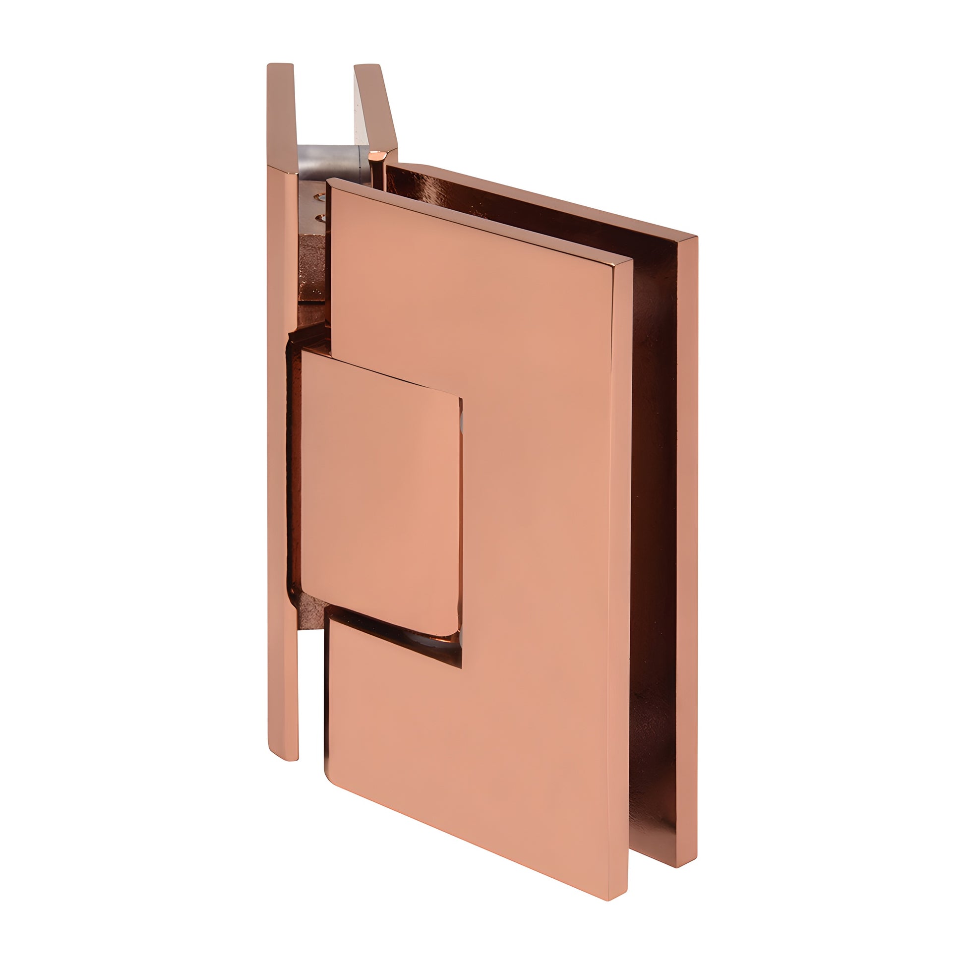 Rose gold brass glass-to-glass shower hinge (SKU V1E045RG), square-edge 135 pivot, fits 3/8-1/2 (10-12mm) glass.