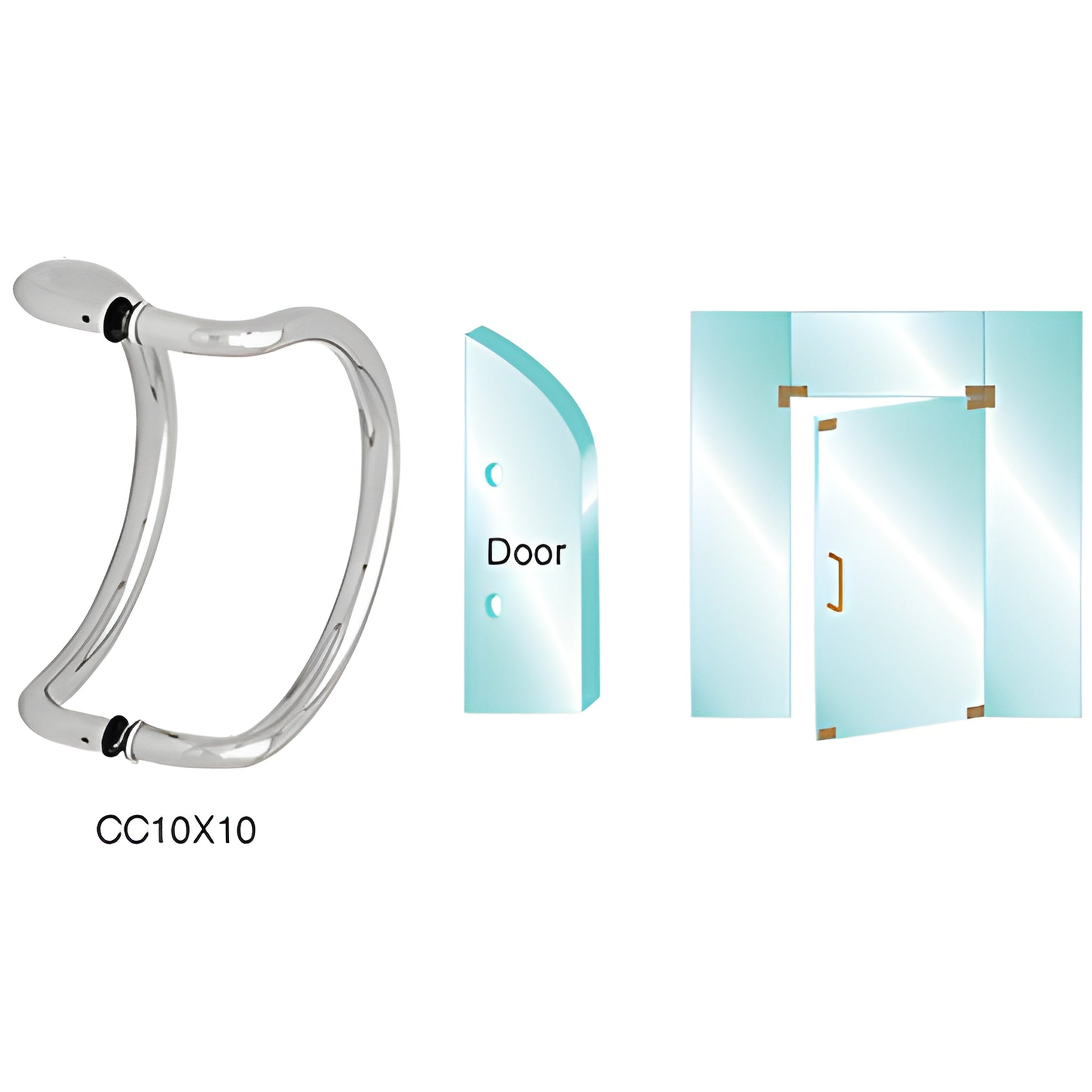CC10X10SA curved satin-anodized glass pull handle, 1" diameter tube, back-to-back mount for 3/8-1/2" glass, 10" center-to-cen
