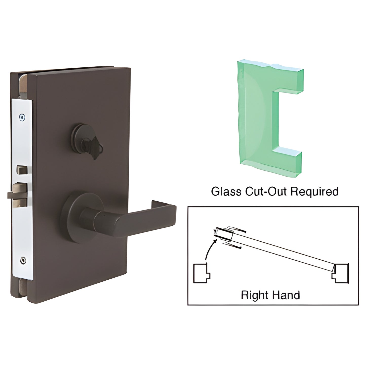 Black bronze 6x10 center glass door lock with lever, deadlatch; fits 1/2 in tempered glass - glass cutout required.