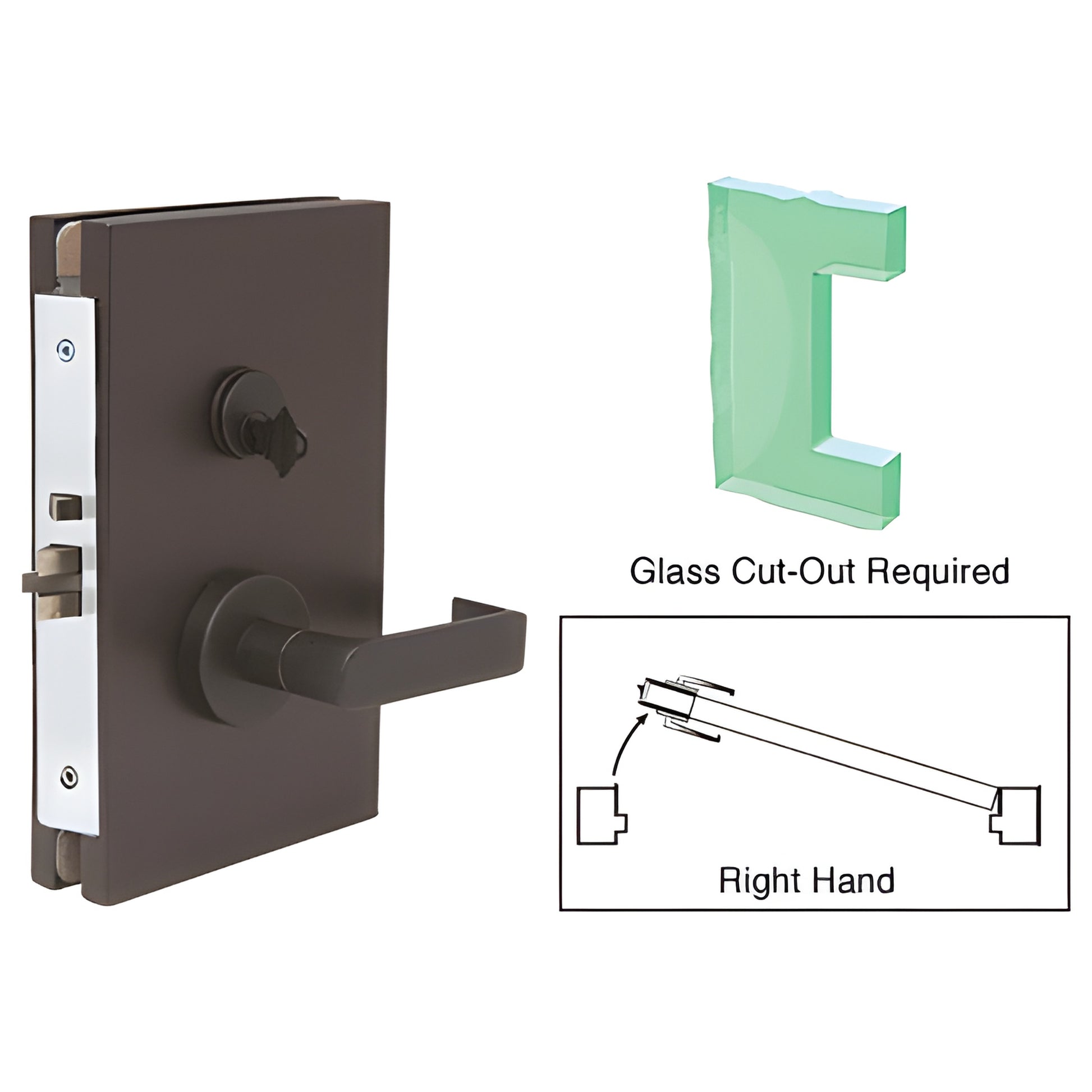 Black bronze 6x10 center glass door lock with lever, deadlatch; fits 1/2 in tempered glass - glass cutout required.