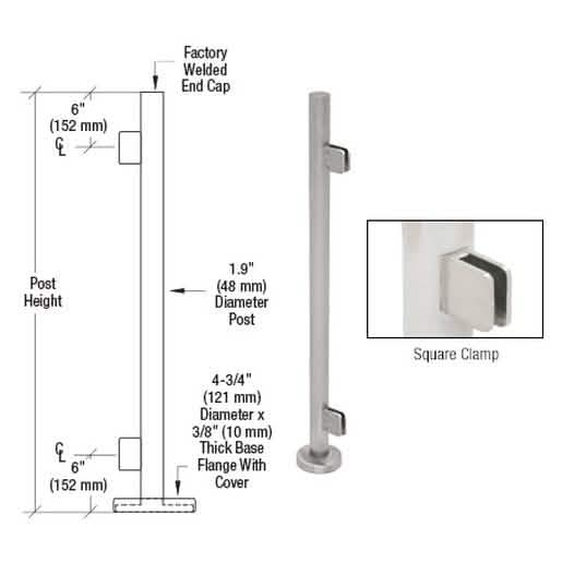 CRL Brushed Stainless Steel Round End Post Kit with Square Clamps, 42" Tall
