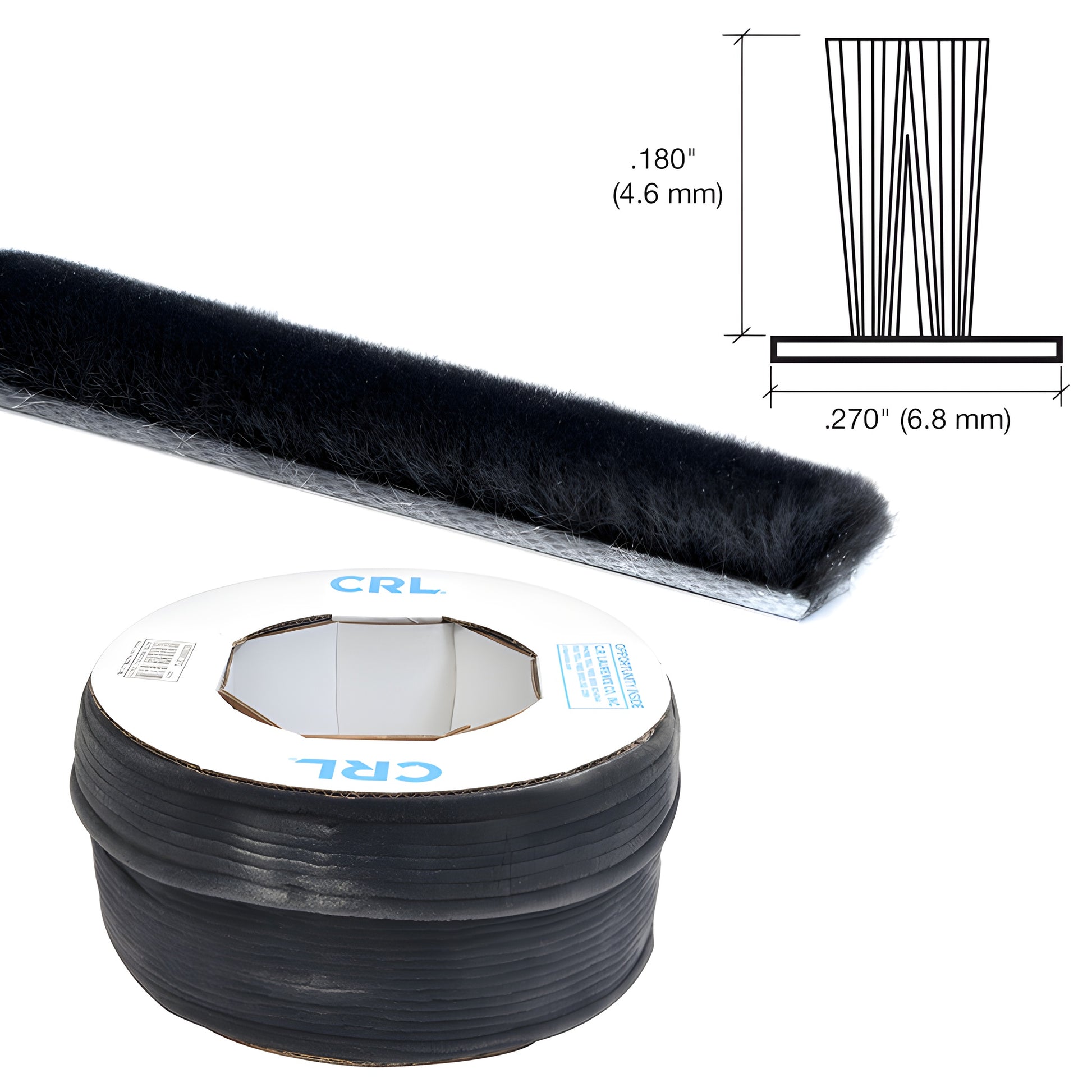 Black high-density woven pile weatherstripping with double center fin on polypropylene backing, roll (SKU A11418BBL)